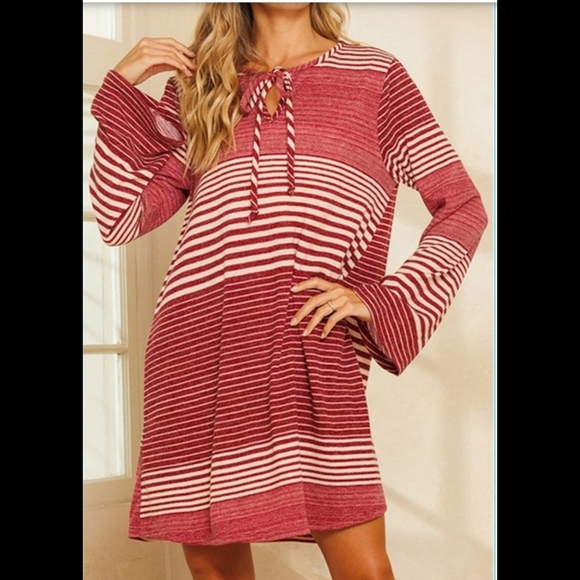 Ces Femme brick red striped self tie ribbon long bell sleeve swing tunic dress - Picture 2 of 2